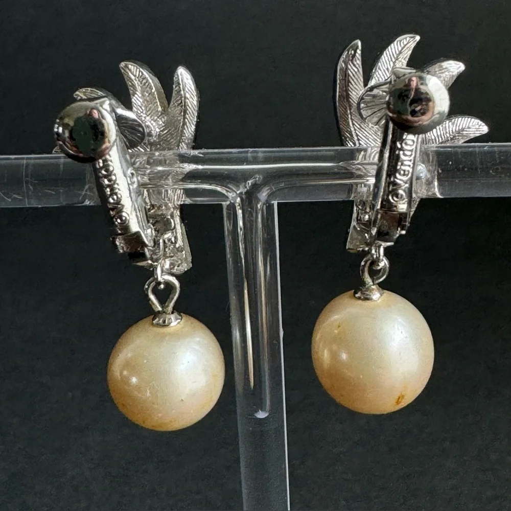 Vintage‎ Vendome Pearl Drop Clip-On Earrings Silver Rhinestone Bridal Bride